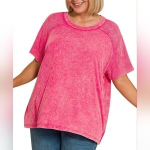 133 | Hot Pink Washed Ribd Short Sleeve Boat Neck Top
